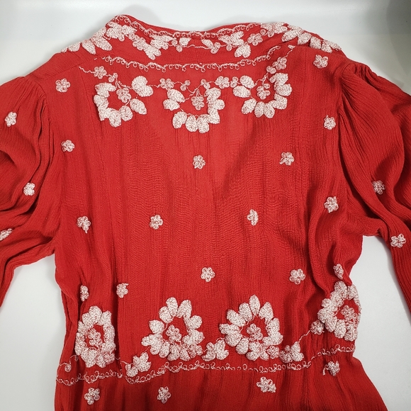 Free People Red White Embroidery Bohemian Boho Midi Oversized XS - Picture 11 of 16
